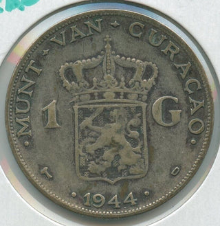 1944 Netherlands Curacao Silver 1 Gulden Coin  Wilhelmina - SR111
