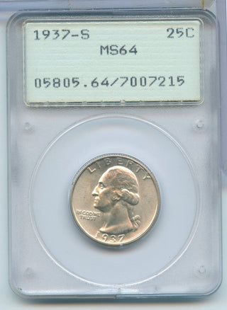 1937-S Washington Silver Quarter 25c PCGS MS64 San Francisco Mint Rattler- SR128