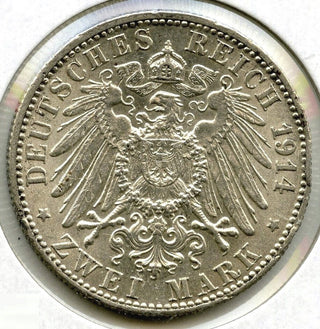 1914 Germany Wurttemberg Silver Coin 2 Zwei Mark Wilhelm II Deutsches Reich H580