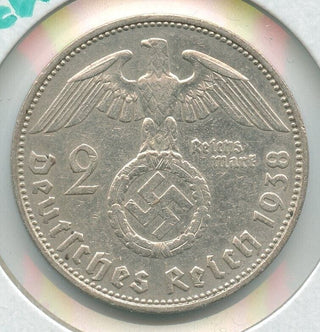 1938-F Germany 3rd Reich 2 Mark coin Deutsches Reich Paul Von Hindenburg - SR105
