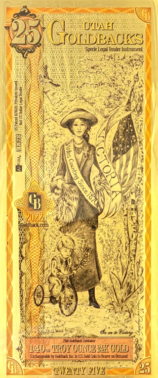 25 Utah Goldback 24KT 1/40th Oz 999 Gold Foil Note Currency Bullion 2024