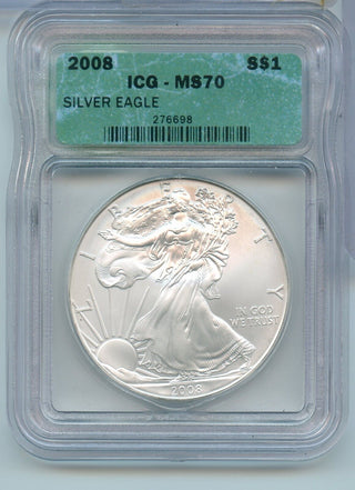 2008 American Silver Eagle 1 oz Silver Dollar ICG MS70 Certified - SR70