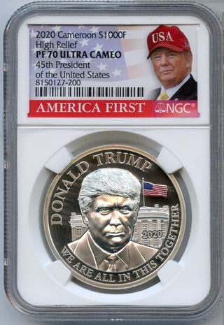 2020 Donald Trump 1 Oz Silver Proof Coin NGC PF70 Cameroon High Relief - JP708