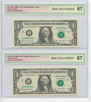 2003 $1 Federal Reserve Notes 5 Of A Kind Uncirculated 3 Consecutive  -SR122