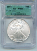 2008 American Silver Eagle 1 oz Silver Dollar ICG MS70 Certified - SR69