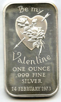 Be My Valentine 1973 Heart 999 Silver 1 oz Medal Bar Ingot Bullion - H525