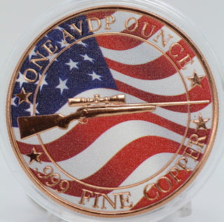 White Tailed Deer Rifle American Flag 1 Oz 999 Fine Copper Round Medal - JP727