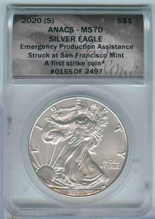 2020-S American Silver Eagle 1 oz Silver Dollar ANACS MS70 Emergency Issue -SR53