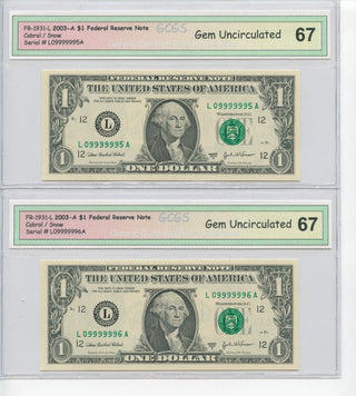 2003 $1 Federal Reserve Notes 6 Of A Kind Uncirculated 3 Consecutive Notes-SR123