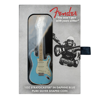 2023 Fender Stratocaster Daphne Blue 1 oz 999 Silver Guitar Shaped Coin $2 OGP