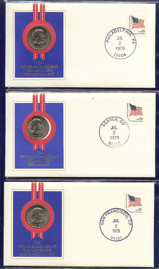 1979 Susan B Anthony Dollar 3-Coin Set Postal FDC Covers First Day Issue - E983