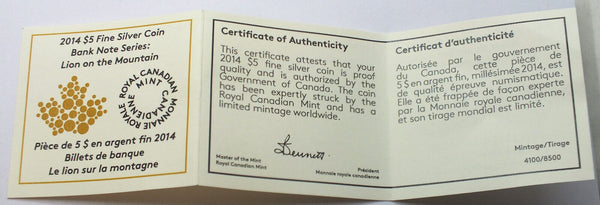 Canada 2014 Mountain Lion Bank Note $5 Fine Silver Coin OGP Commemorative - G923