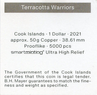 2021 Terracotta Warriors 50g Copper Ultra High Relief $1 Cook Islands Coin JN904