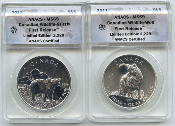 Canada 2011 - 2013 Wildlife 6-Coin Silver $5 Set ANACS MS69 First Release - G550