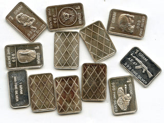 Lot of (12) Mini Ingot Bars 999 Fine Silver Guns Animals 1 Gram Medals - C231