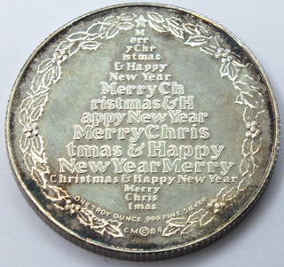 1984 Merry Christmas 999 Silver 1 oz Holiday Medal Round - Happy New Year - G942