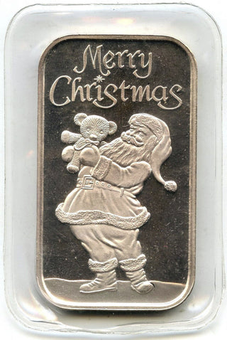 1994 Christmas Santa Claus Teddy Bear 999 Silver 1 oz Art Bar Ingot Medal - E895