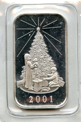 Christmas Tree + Gifts 2001 Art Bar 999 Silver 1 oz ingot Medal Holidays - A83