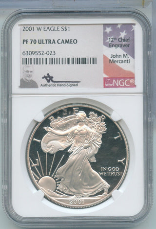 2001-W Proof Silver Eagle NGC PF 70 Mercanti Signed West Point Mint - ER303