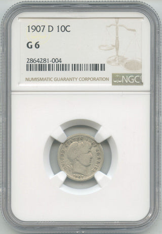 1907 D Silver Barber Dime NGC G 6 Certified Ten Cent -DN679