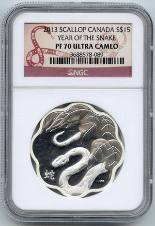 2013 Scallop Canada $15 Snake Year Coin NGC PF70 Ultra Cameo 1 oz Silver - G181