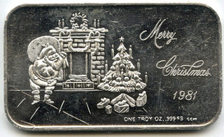 Merry Christmas 1981 Holiday Art Bar 999 Silver 1 oz Ingot Medal Santa - C124