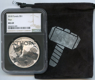2019 Thor 1 Oz Silver NGC MS69 Tuvalu $1 Coin MARVEL Pouch Bag - JN426