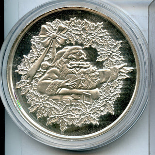 1995 Christmas Santa Claus 999 Silver 1 oz Art Medal Round Wreath Holiday JJ797