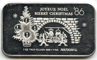 Merry Christmas 1986 Joyeux Noel 999 Silver 1 oz Art Bar ingot Medal Canada C120