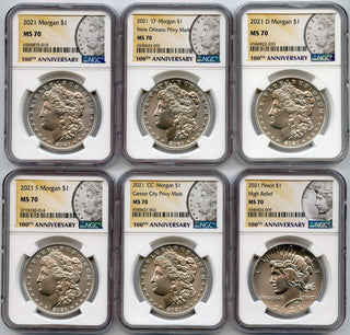 2021 Morgan & Peace Silver Dollar NGC MS70 6 Coin Set 100th Ann. Label - JP044