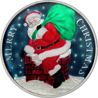 2023 Merry Christmas Santa Claus Down Chimney 1 Oz 999 Silver Round Color JP491