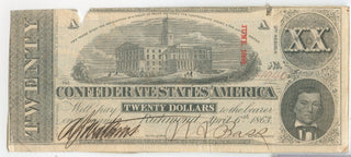 1863 $20 Twenty Dollars Confederate States Of America Note Currency T-58 - SR968