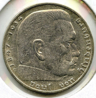 1937-G Germany 2 Marks Deutsches 3rd Reich Coin - Paul Von Hindenburg - J258