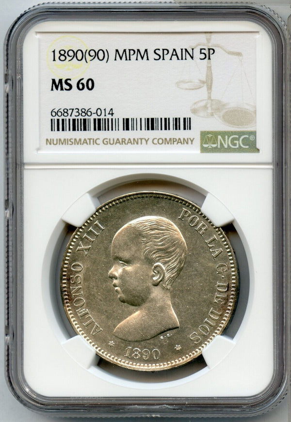 1890 (90) MPM Spain 5 Pesetas Silver Coin NGC MS60 5P Certified - JP613