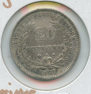 1877 Uruguay Silver .900 20 Centesimos Coin - SR397