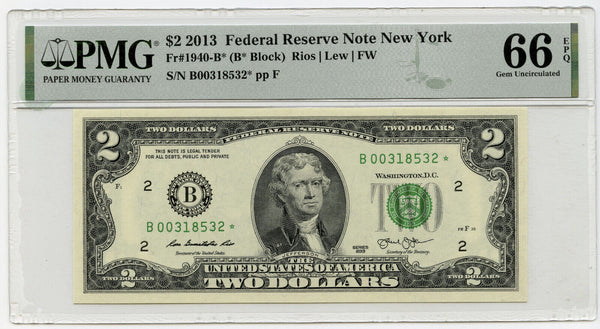 2013 $2 Federal Reserve Star Note PMG 66 Gem Unc EPQ New York Currency K221