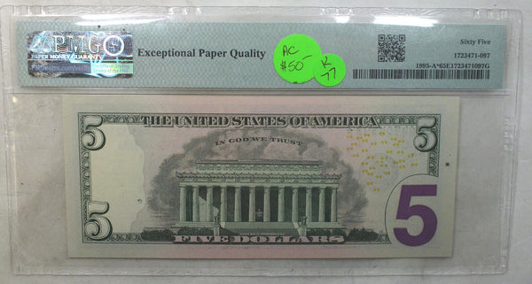 2009 $5 Federal Reserve Star Note PMG 65 EPQ Gem Uncirculated Fr 1995-A Rios K77