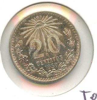 1939 Mexico Unc Silver 20 Centavos Cap & Ray Coin Toned  -SS190