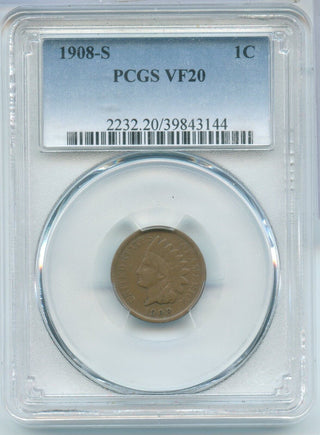 1908-S Indian Head Cent 1c PCGS VF20 San Francisco Mint - SR671