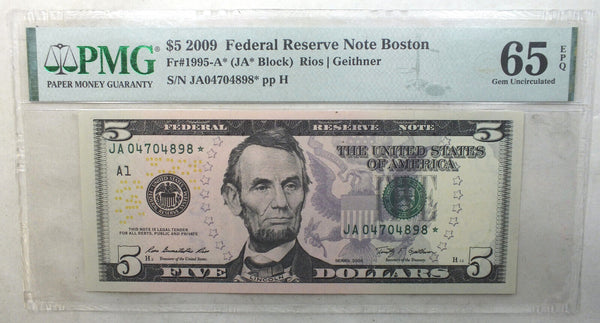 2009 $5 Federal Reserve Star Note PMG 65 EPQ Gem Uncirculated Fr 1995-A Rios K77