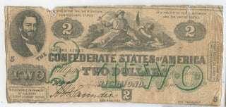 1862 $2 Two Dollars Confederate States Of America Note Currency T-43 - SR969