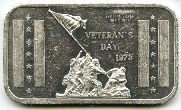 1973 Veteran's Day 999 Silver 1 oz Art Bar Ingot Medal Military Troops - J778