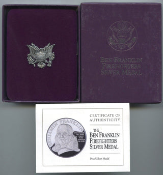 1992 Benjamin Franklin Firefighters Proof Silver Medal 1 oz US Mint - H321