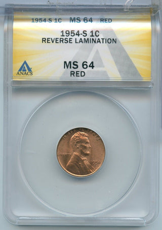 1954-S Lincoln Wheat Cent Error Reverse Lamination ANACS MS64RD -SS529