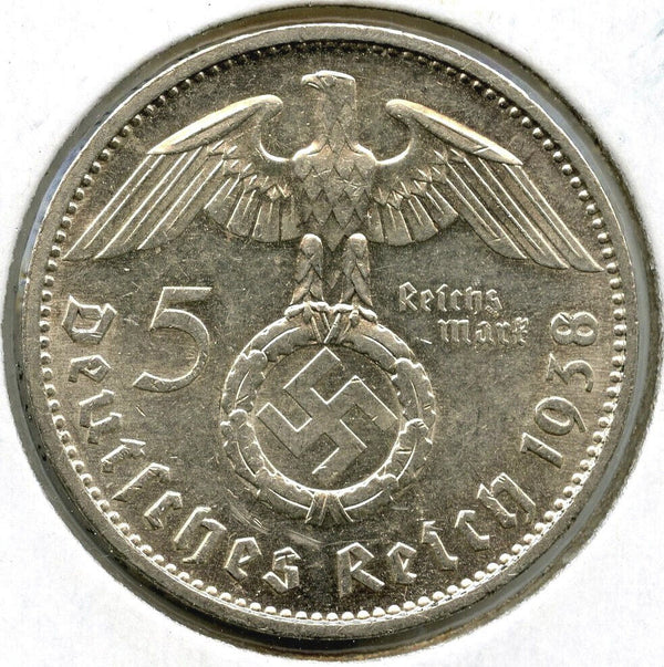 1938-E Germany 2 Marks Deutsches 3rd Reich Coin - Paul Von Hindenburg - J260