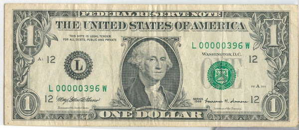 1999 $1 Federal Reserve Note Low 3 Digit Serial Note - SS574