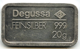 Degussa Feinsilber 999 Silver 20 Gram Ingot Bar Medal Vintage Bullion - H798