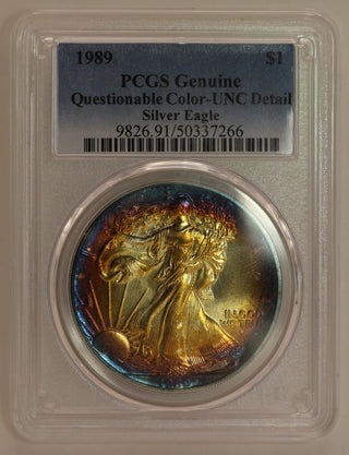 1989 $1 Rainbow Toned Silver Eagle ASE PCGS Genuine Unc Quest Color  LH657