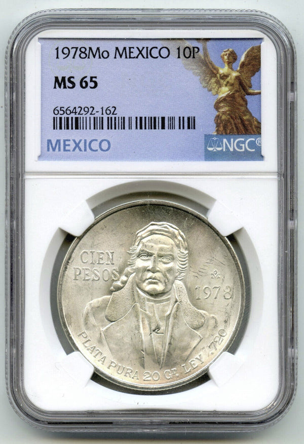 1978 Mo Mexico Silver Coin Cien 10 Pesos NGC MS 65 Certified Plata Pura - K396