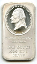 President Thomas Jefferson 999 Silver 1 oz Art Medal ingot Bar Bicentennial K340